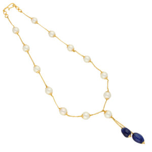 22KT (916) Blue Sapphire Pearls Gold Chain