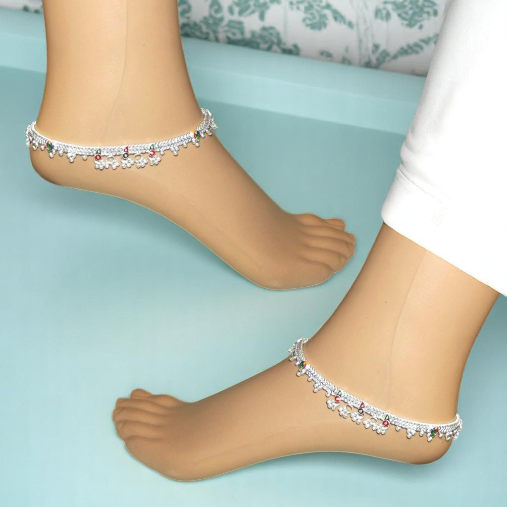 Silver Payal Design Beautiful Silver Anklets Inch Floral Design
