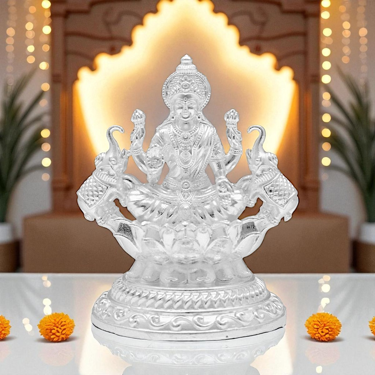 30 Grams Silver Laxmi with Elephants Round Base Idol – Jagdamba Pearls