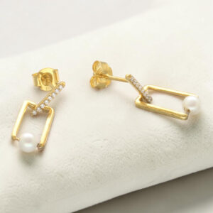 Gold-Tone Pavé Bar Rectangle Link Pearl Drop Earrings