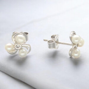 Sterling Silver Triple Pearl Trefoil Clover Stud Earrings