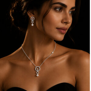 Silver Pavé Double Circle Pearl Drop Jewellery Set