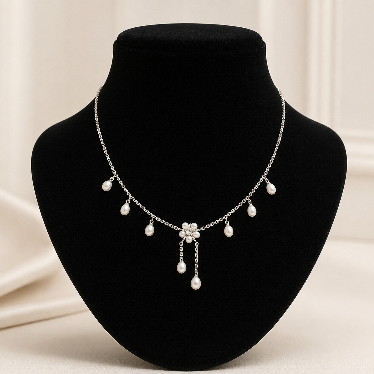 Silver Crystal Floral Centre Pearl Fringe Drop Necklace – Jagdamba