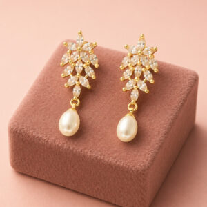 Crystal Leaf Drop Pearl Earrings