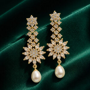 Gold Floral CZ Drop Pearl Earrings