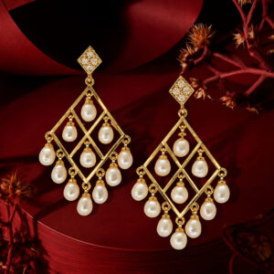 Golden Grid Freshwater Pearl Drop Earrings